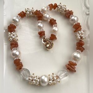 GP48-Handmade Edison Pearl, Clear Quartz And Sunstone Necklace